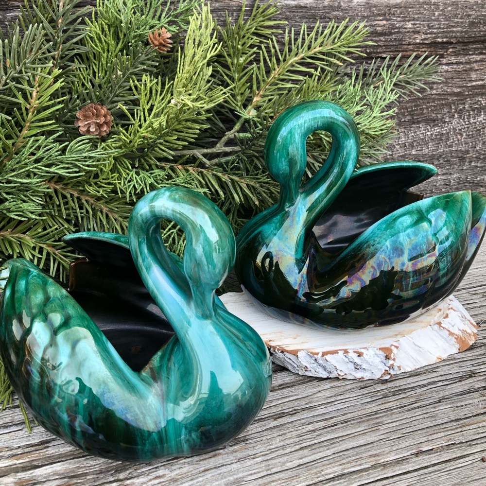 Blue Mountain pottery Swan set of 2 planters Retro blue green Vtg planter 70s 💙 - Picture 5 of 13
